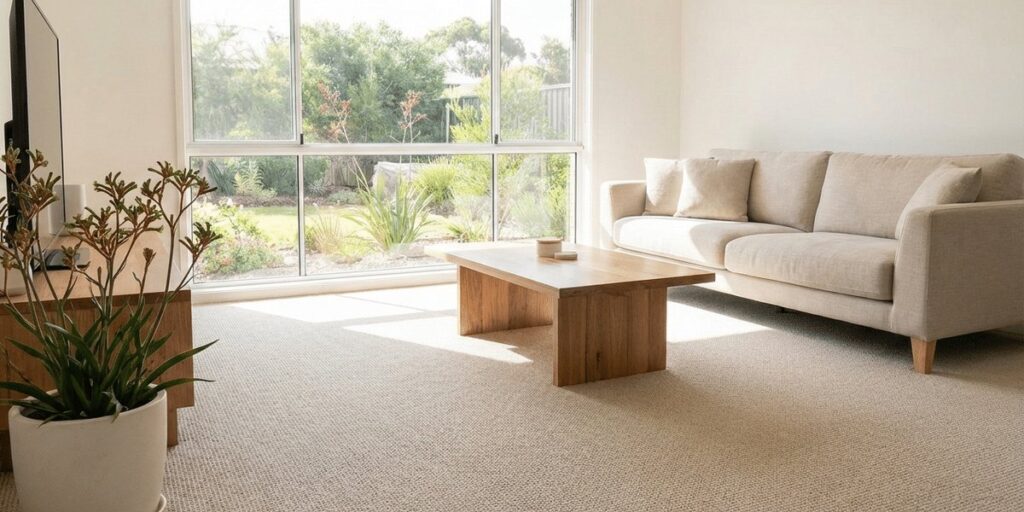 Freshly cleaned light carpet in a bright Perth living room with a linen sofa and timber coffee table